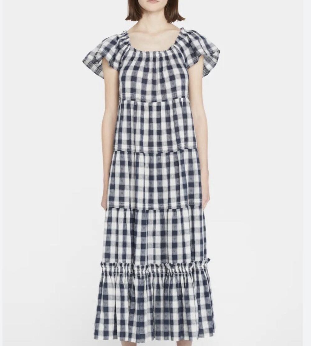 THE GREAT The Nightingale Gingham Navy Maxi Dress Sz 1